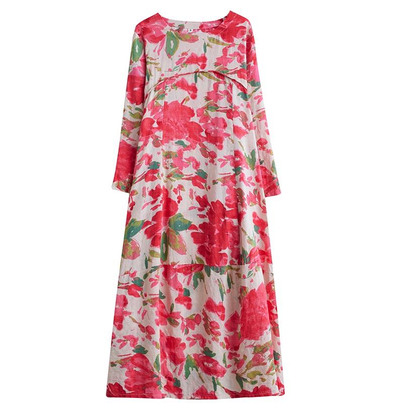 Langermet Plussstørrelse Bomull vintage blomstret ny i kjoler for kvinner avslappet løs vår høst kjole