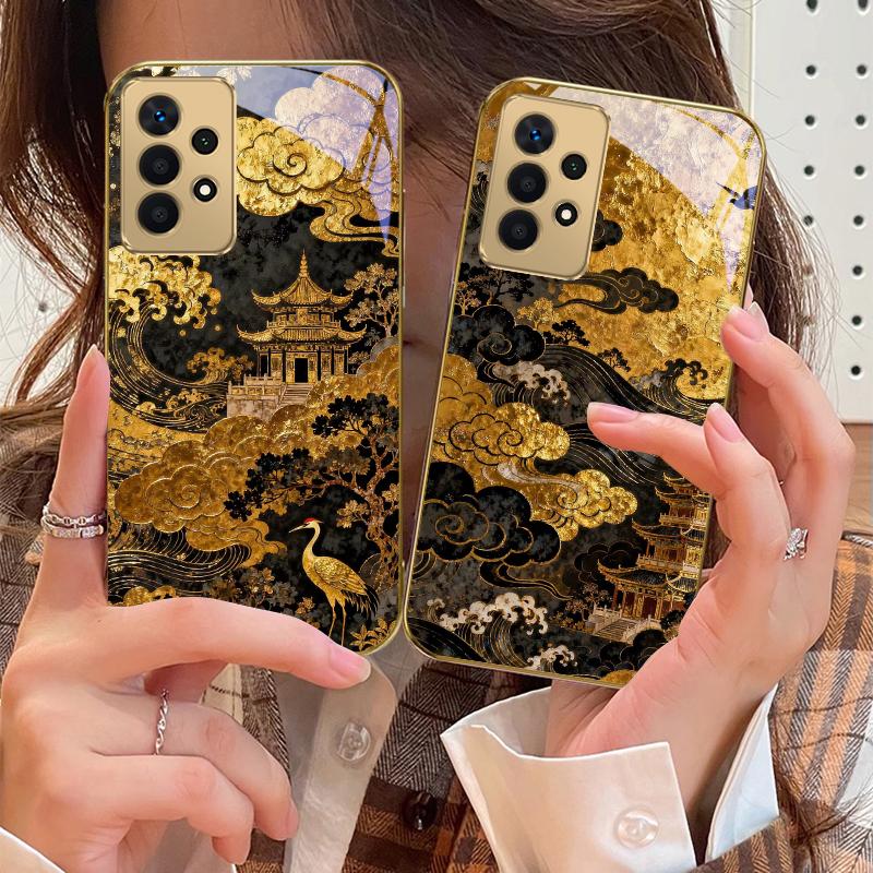 Golden Surging Waves For Samsung A 01 52S A04 A05S A10 A12 A13 22 23 24 36 42 M02 Note 10 20Ultra 8 9 Golden Glass Phone Case