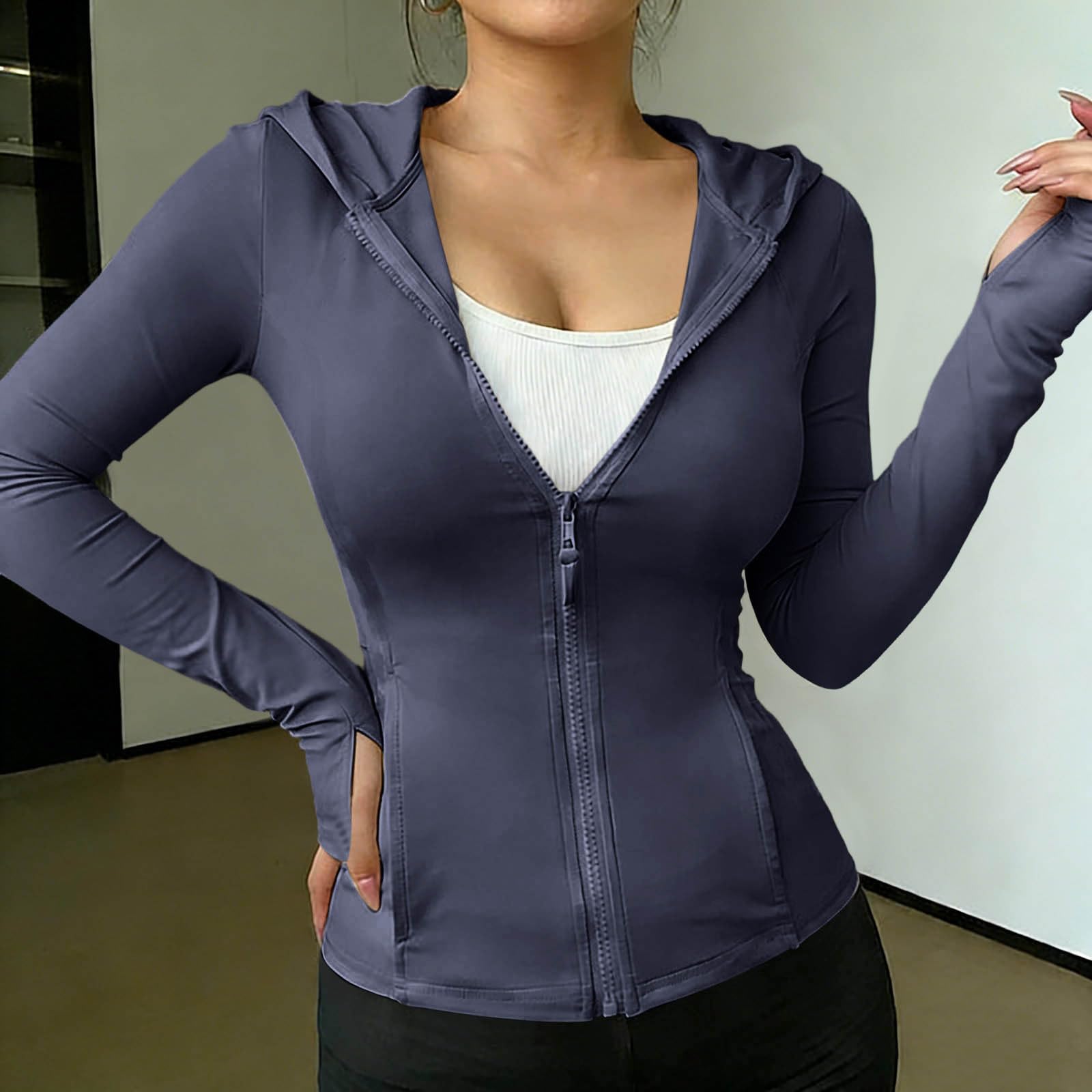 

Women’s Casual Hooded Zip Up Jacket with Thumb Holes Long Sleeve Slim Fit Breathable Lightweight Top for Everyday Wear S тёмно-синий