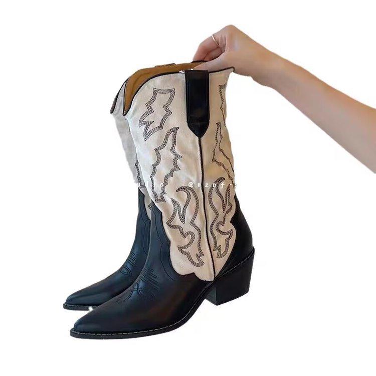 Yi Mengling's Same Western Cowboy Boots Women's Thick Heel Embroidery Thin Medium Tube Boots Versatile Color Matching Pointed Knight Boots Tide