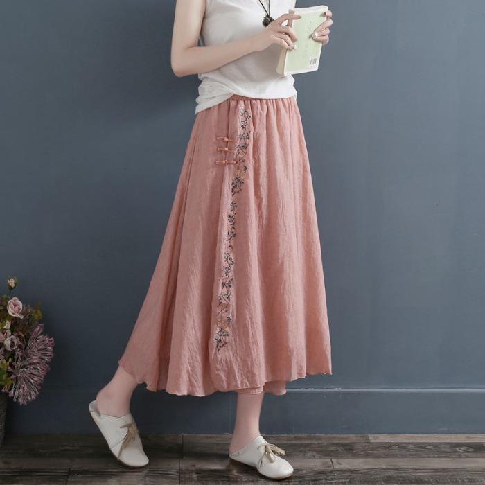 2024 Summer Women's Fairy Hanfu Dress with Embroidery and Frog Buttons - Retro Chiffon Midi Skirt.