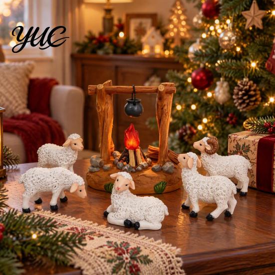 Christian Gift for Family Christmas Nativity Scene Set with LED Lighted Campfire, Resin Manger Stable Figurine, Religious Figurine Wooden Look