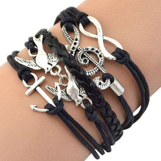 Women Retro  Skull Music Pigeon Faux Leather Charm Bracelet Bangle Cuff