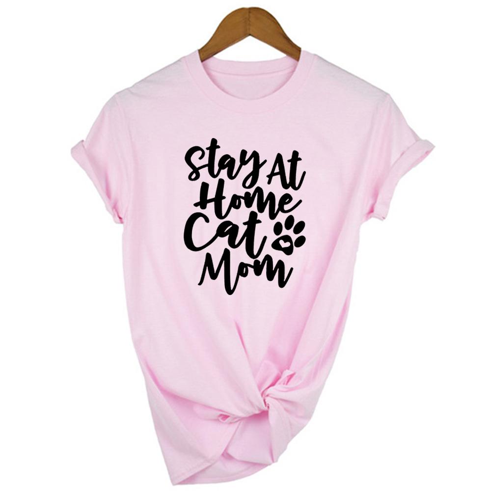 Stay At Home Cat Mom Print Women Shirts Casual Cute Cartoon White Summer Short Sleeve O