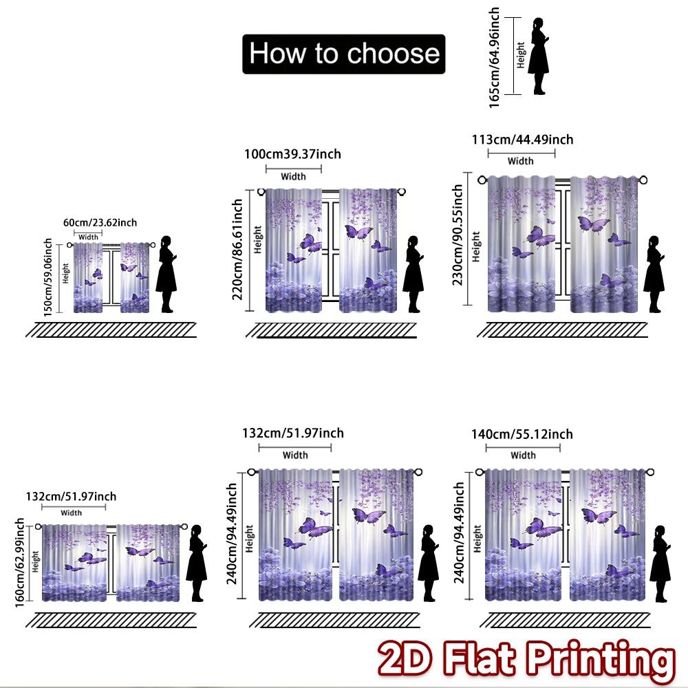 2D Flat Printing 2pcs Curtain Party Curtains Spring Purple Butterflies Digital Printed Polyester Drapes Seasonal Party & Holiday