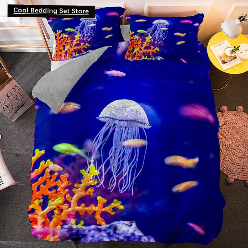 Blue Ocean King Queen Bettbezug Cartoon Seestern Muschel Bettwäscheset für Kind Teenager Erwachsene Meer Strand 2/3tlg. Polyester Bettdeckenbezug