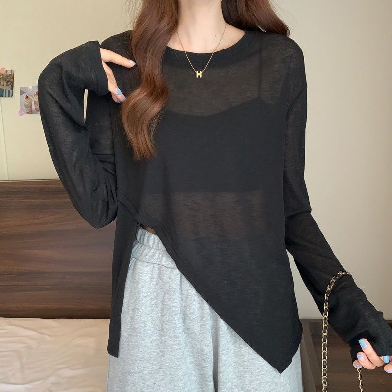 Versatile Plus Size T-shirt for Women, Summer Round Neck Basic Style, Loose and Lazy, Versatile, Irregular Sun Protection Top