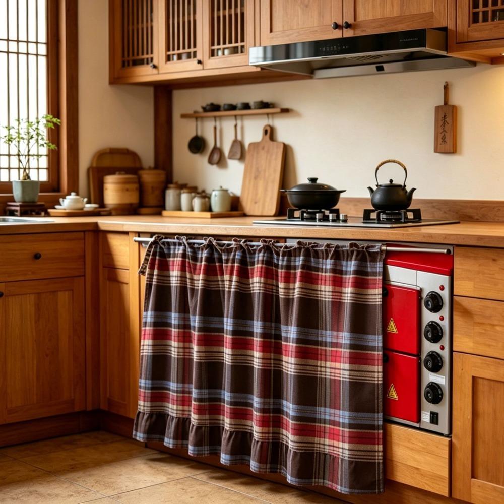 Ruffled Edge Farmhouse Plaid Kitchen Oven Skirt Cotton Privacy Partition Curtain  Porch