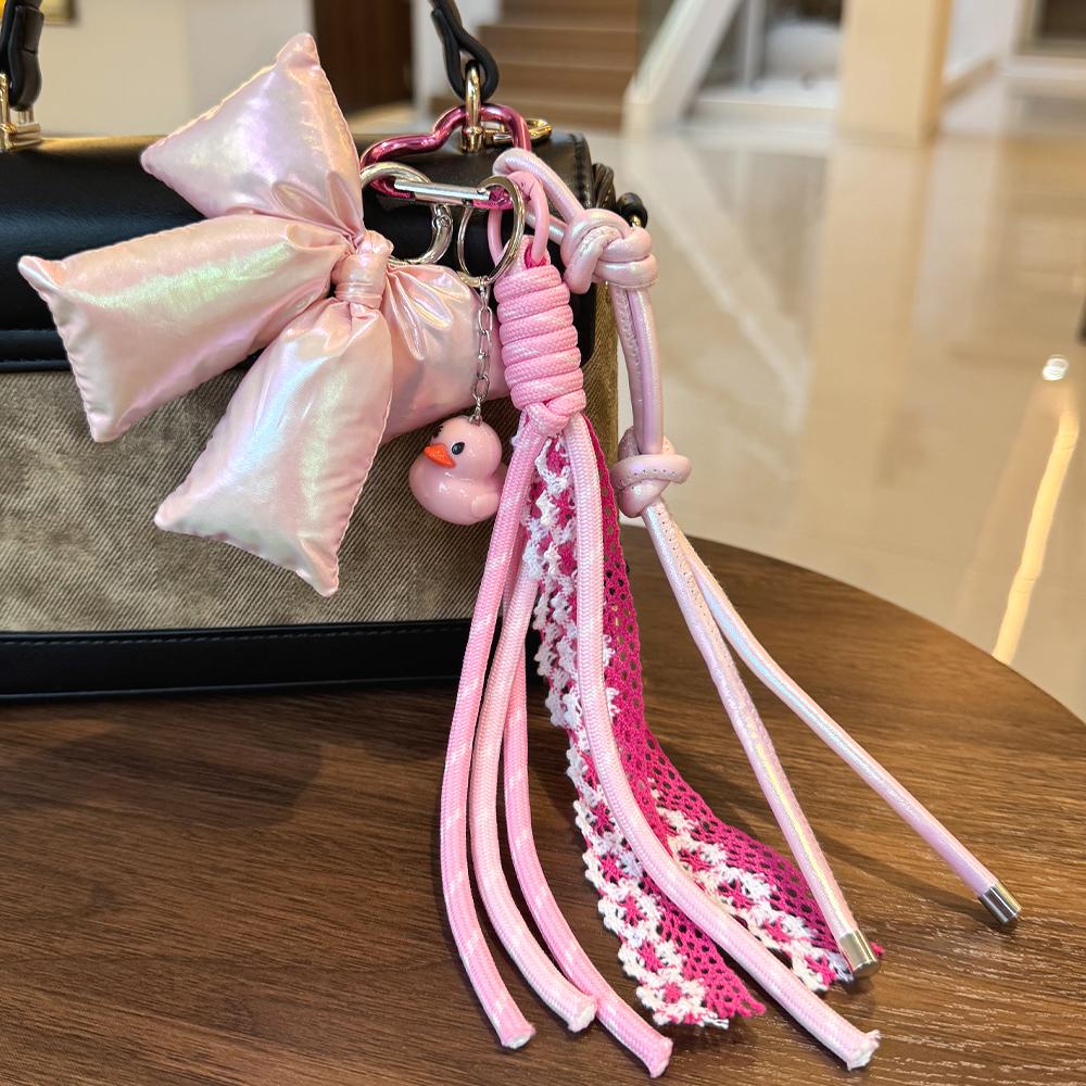 Pink Holographic Bow Keychain with Braided Rope Lace Material Duck Pendant Sweet Cute Style Bag-Key Decoration Accessory