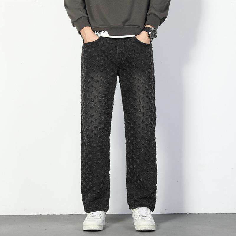 JYL Men's Jacquard Jeans Summer Vintage Vibe High-Street Straight Denim Pants
