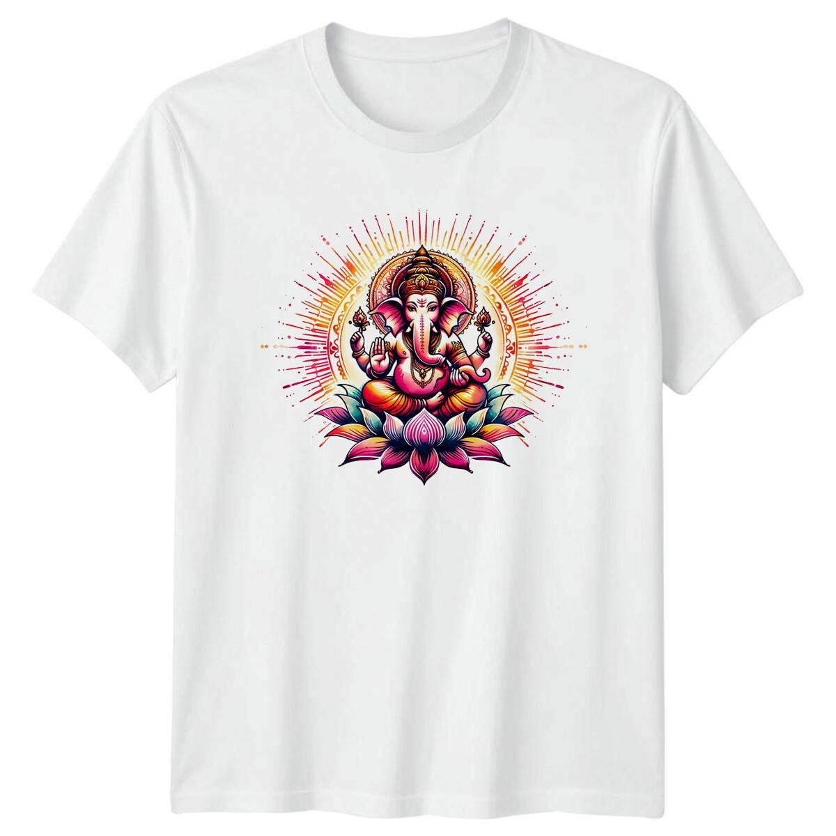 

Ganesh Yoga T-shirt, Hindu deity lotus meditation T-shirt, short-sleeved round-neck loose streetwear top 4XL