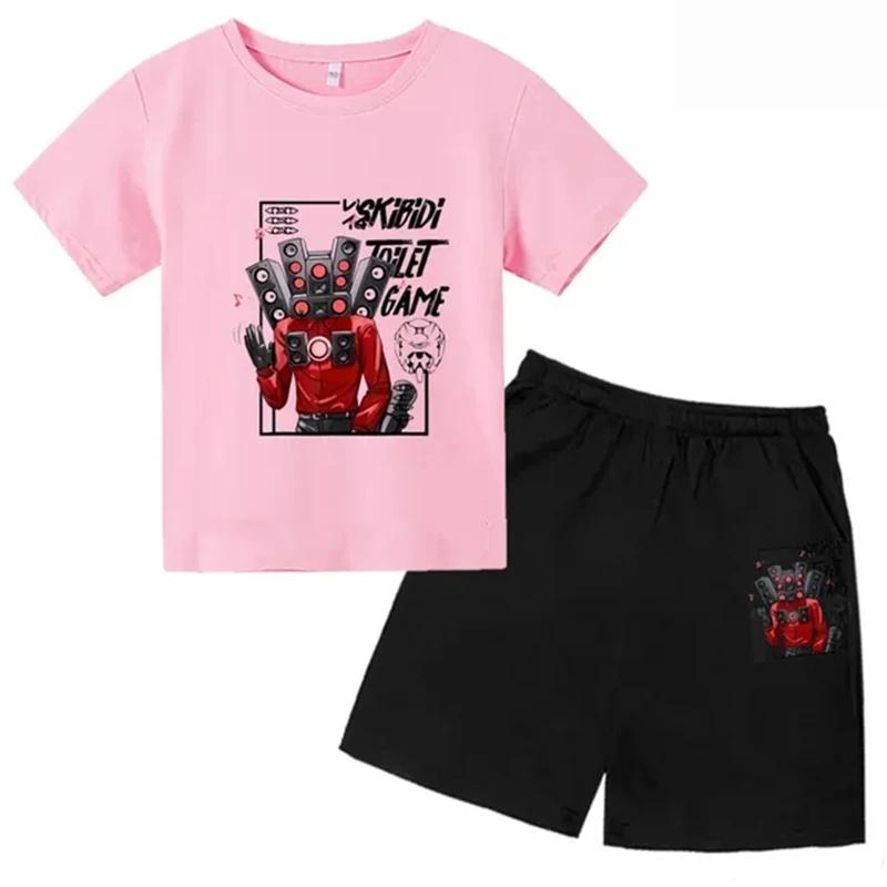 Summer Children Clothes Skibidi Toilet Kids Round Neck T-shirt Sets Boys Girls Short Sleeve + Shorts Toddler 2-12 Years Casual