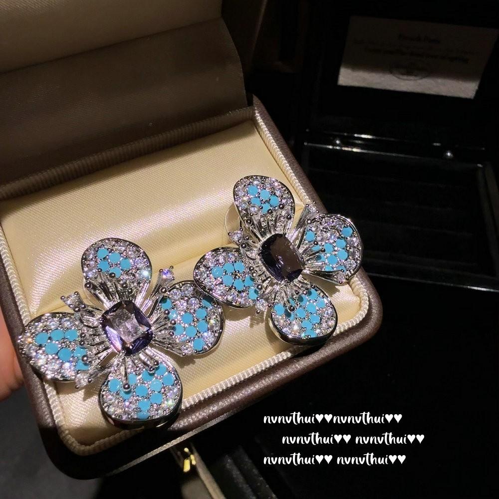 Blue Love Gem Necklace, Fairy Morning Dew, Bird Flower Zircon Earrings, Set Light Luxury Niche