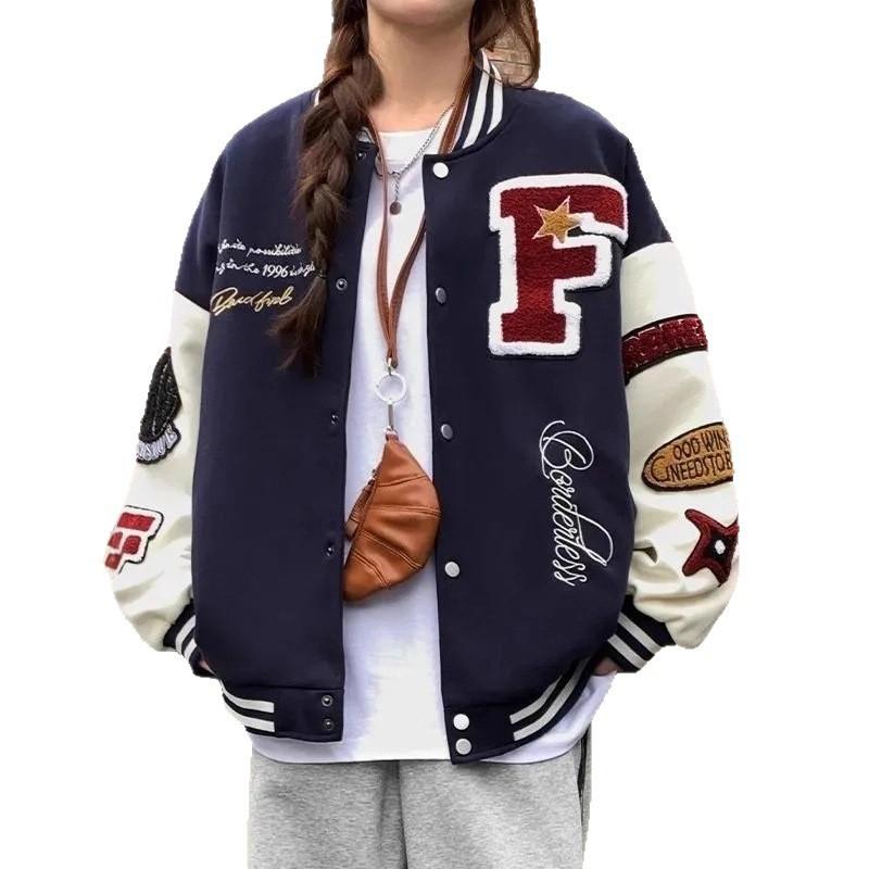 Unisex Vintage Baseballová Bunda Ležérní Oversized Vyšívaná S Potiskem Písmen Styl Mikiny Kabát
