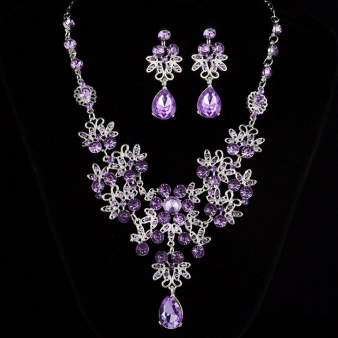 Luxury Bridal Accessories Crystal Jewelry Set – Vintage Rhinestone Necklace and Teardrop Earrings for Women фиолетовый