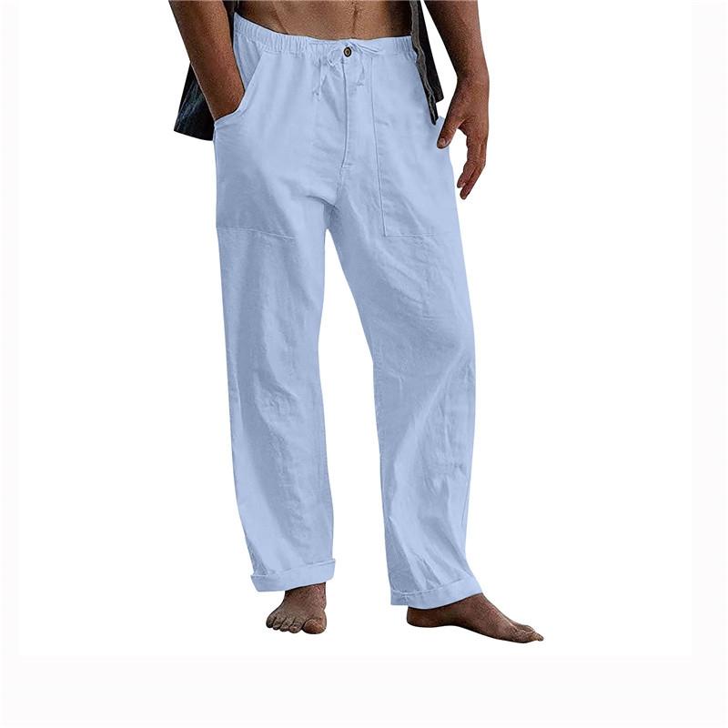 Men's Yoga Drawstring Elasticated Trousers Breathable Comfortable Loose Cotton Linen Pants Summer Beach