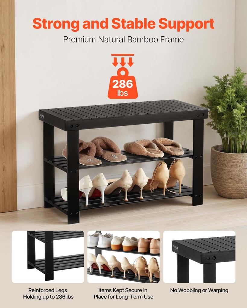 Shoe Rack Bench, 3-Tier Bamboo Entryway Bench, Shoe Storage Organizer Holds Up to 286 lbs, 703 x 288 x 451 mm, for Front Door, Hallway, Living Room,