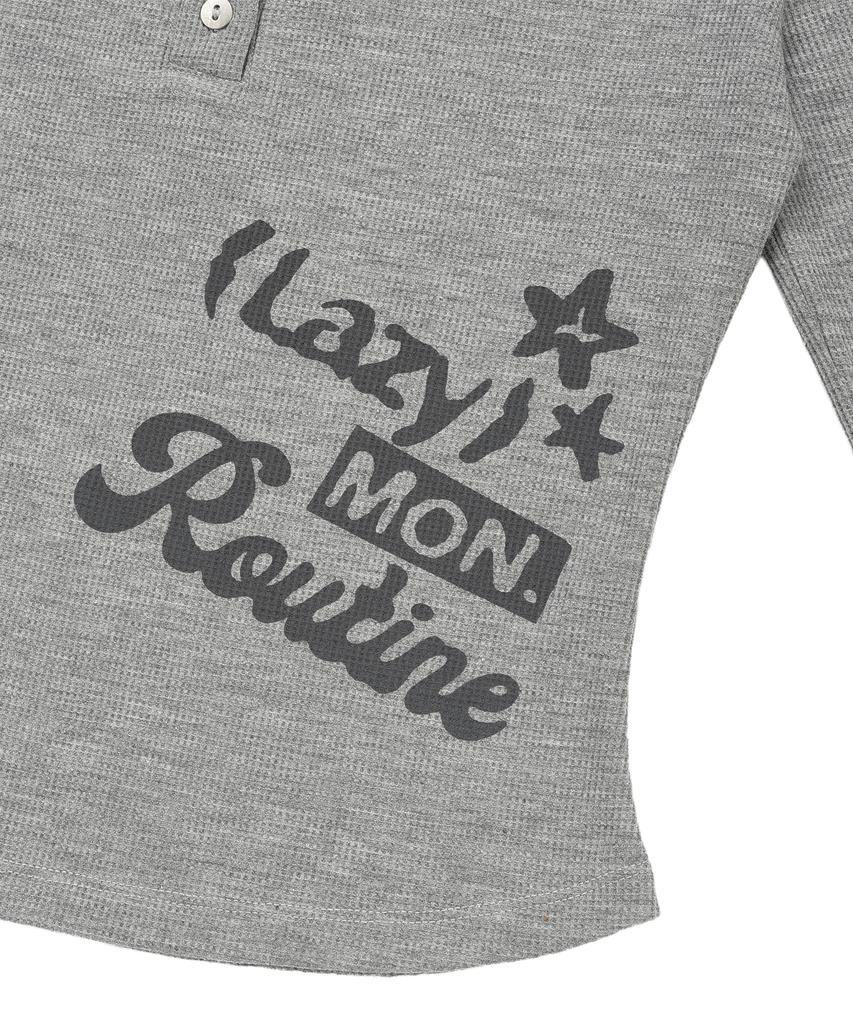 LMR Lettering Graphic Waffle Henley Neck Long Sleeve T-Shirt Grey