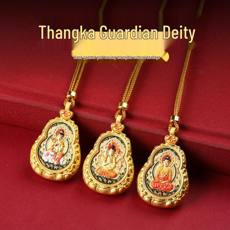 Shopkeeper's Favorite: Bestselling Mini Thangka Titanium Steel Gourd Pendant Necklace with Color-Preserving Material, Double-Sided Guardian Design.