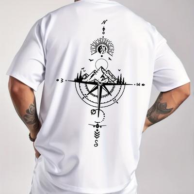 Summer Mens Pure Cotton Casual Sports Retro Compass Printed Comfortable Round Neck Short Sleeved Tshirt