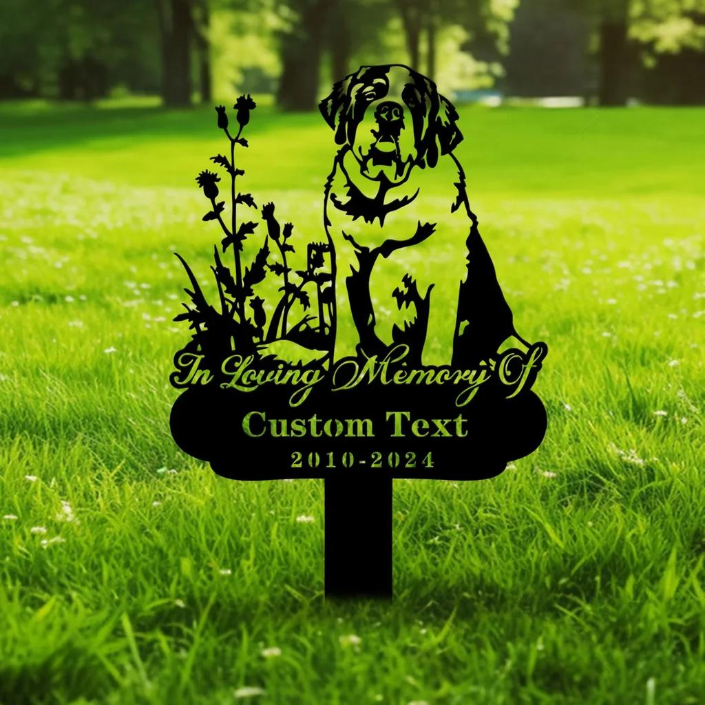 Individueller St. Bernhard Hund Gedenk-Gartenspieß, Personalisierter Metall-Grabstein, Haustierverlust-Geschenk für den Garten