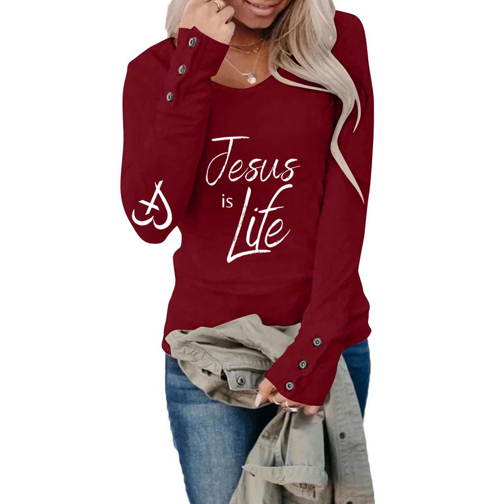 Tshirts For Women Long Sleeve,Round Sleeve Vertical Cross Casual Graphic Shirt,