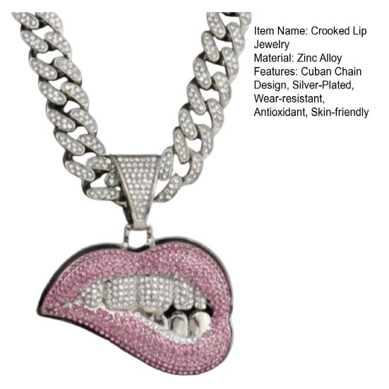 Hip Hop Cuban Link Chain Necklace, Crooked Lip Pendant with Rhinestone, Silver Plated Iced Out Choker Jewelry for Men and Women, Trendy Streetwear