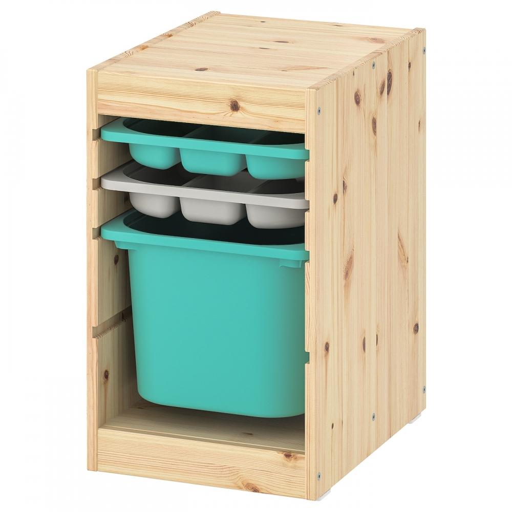 

IKEA TROFAST storage combination with storage tray light white stained pine turquoise gray 32x44x53 cm