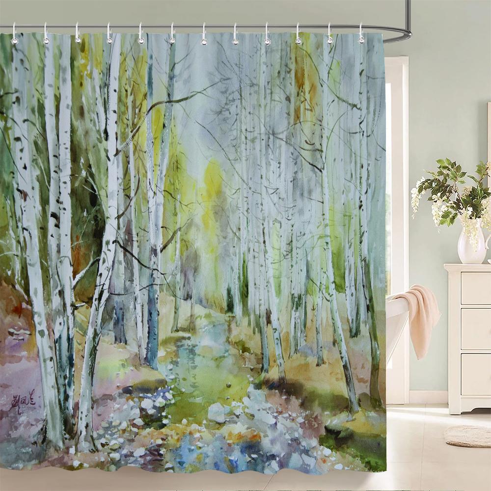 

High Quality Birch Forest Trees Printed Shower Curtain Waterproof Fabric Landscape Bath Curtains For Bathroom Decor With Hooks W60H190(CM)-1 Pcs