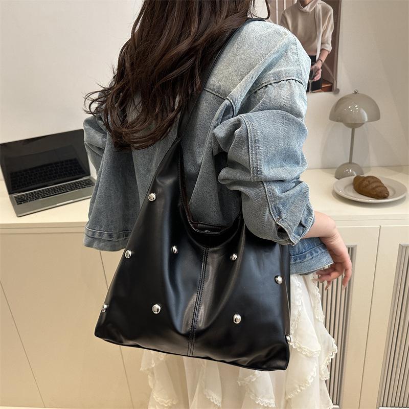 Yogodlns Punk Style Embellished Double-Faced Round Rivet Inlaid Niche Luxury Bucket Bag Chic Lady Underarm Large Capacity Shoulder Bag