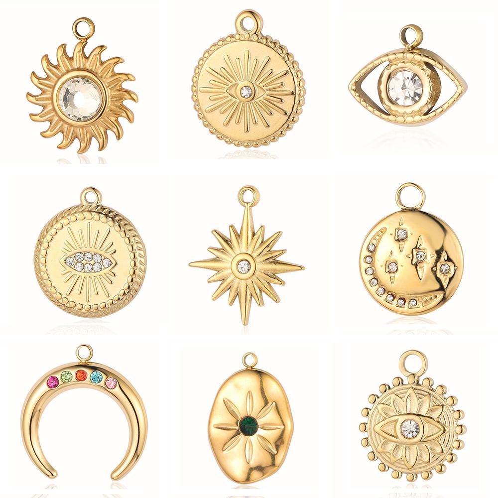 3pcs/Lot Peach Heart Crescent Mirror Polished 316 Stainless Steel DIY Charm Eye Sun Star Moon Rhinestone Jewelry Pendant
