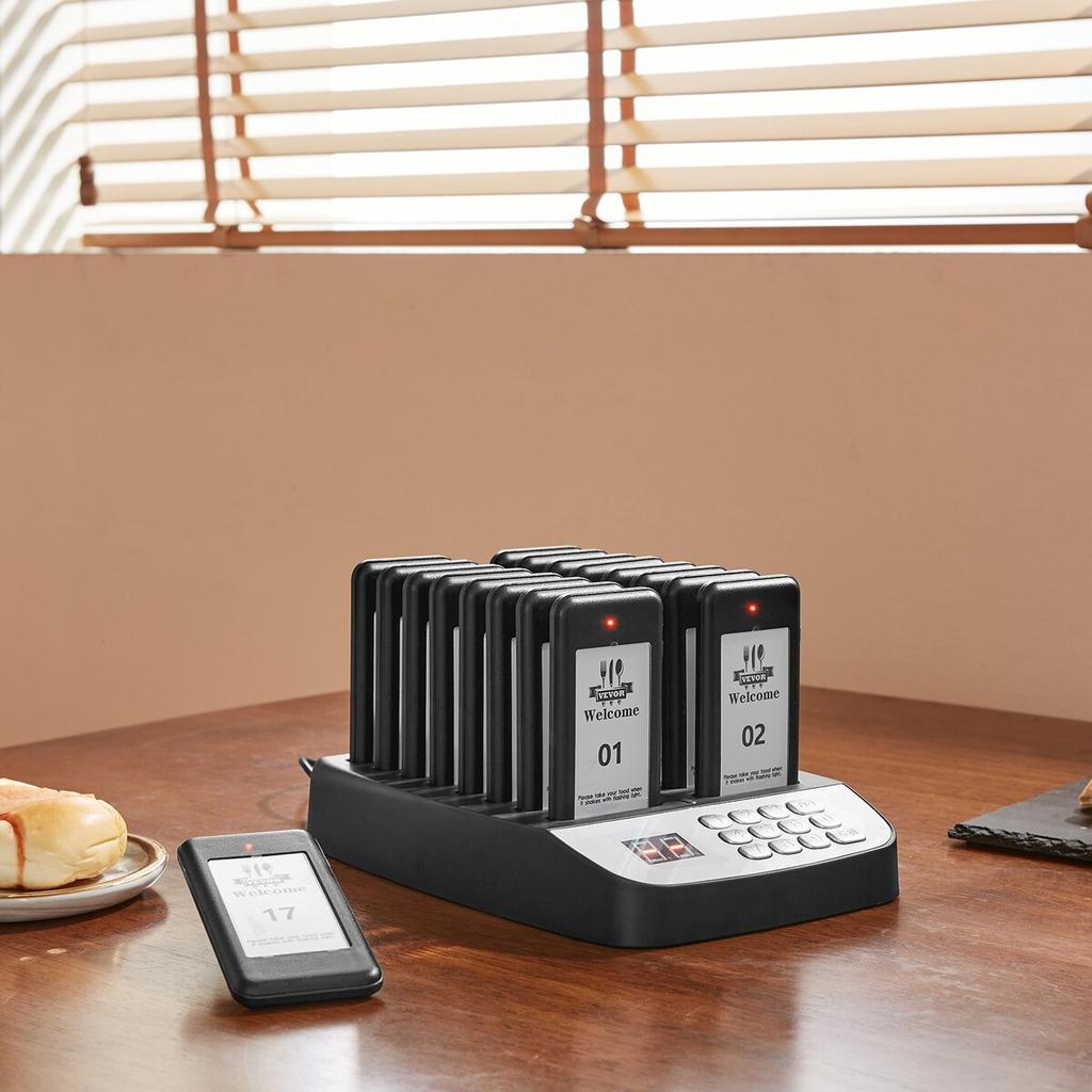 Restaurant-Pager-System, Kabellos 500m Reichweite Aufstell-Warteschlangen-Signal, Gäste-Kunden-Ruf-Piepser mit Vibration & Blinken, 16 Piepser