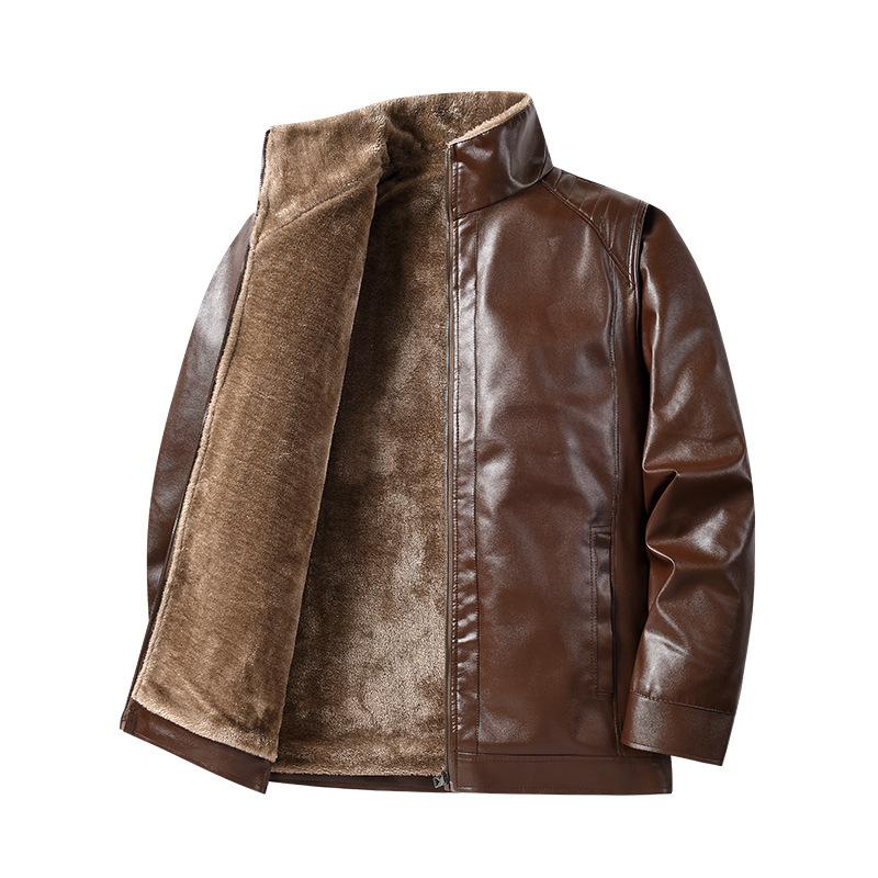 Autumn and Winter New Men's Leather Jacket Men's Solid Color Velvet Windproof Stand-up Collar Dad Jacket