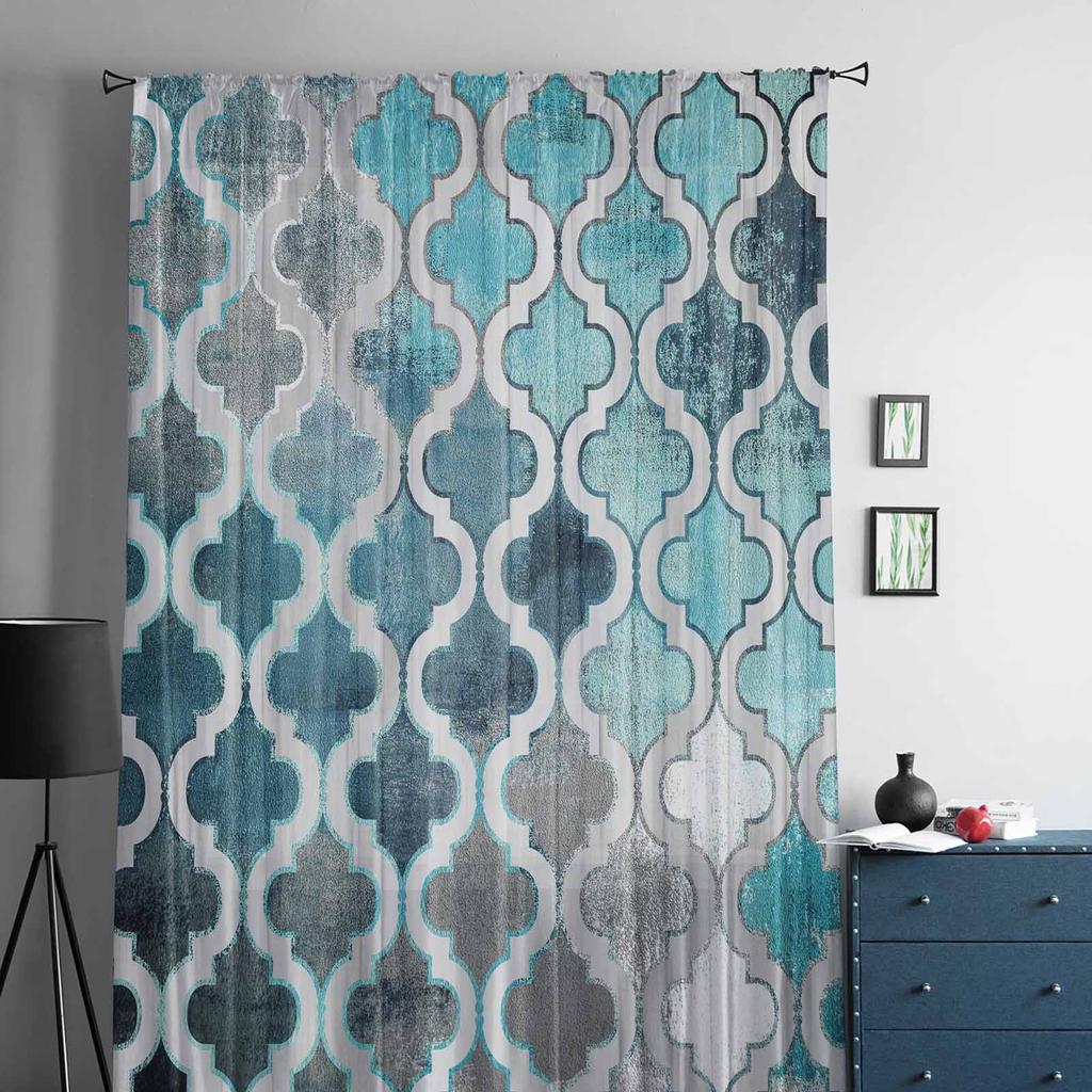 Retro Abstract Paint Mottled Moroccan Blue-Green Window Tulle Curtains for Living Room Hotel Luxury Decoration Sheer Curtains