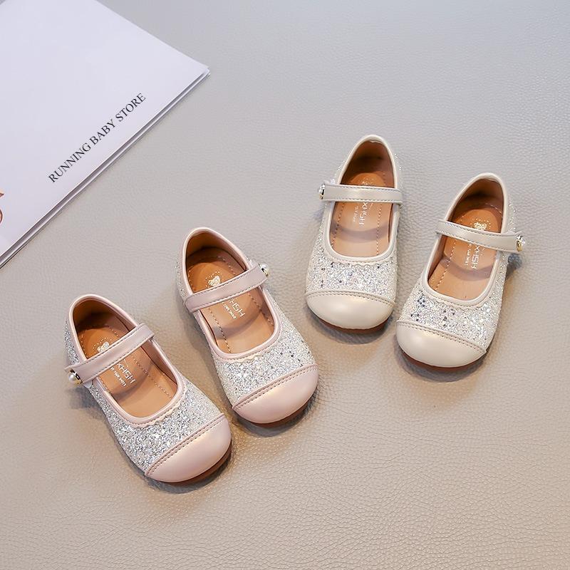 Spring Autumn Pink Beige Party Kids Shoes for Girl Soft Bottom Anti-slippery Princess Shoes Bling Wedding Bridesmaid Shoe I09189