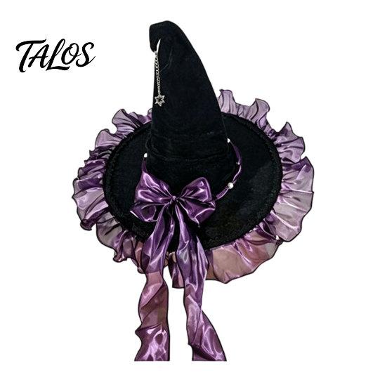 Halloween Witch Hat for Women, Velvet Wizard Hat with Ruffle Brim And Bow for Halloween Party, Masquerade, Cosplay Costume Accessory