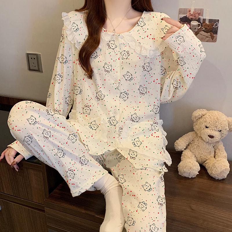 Women's Cartoon Lace Peter Pan Collar Cotton Pajamas - Long Sleeve, Spring/Fall, Winter Style