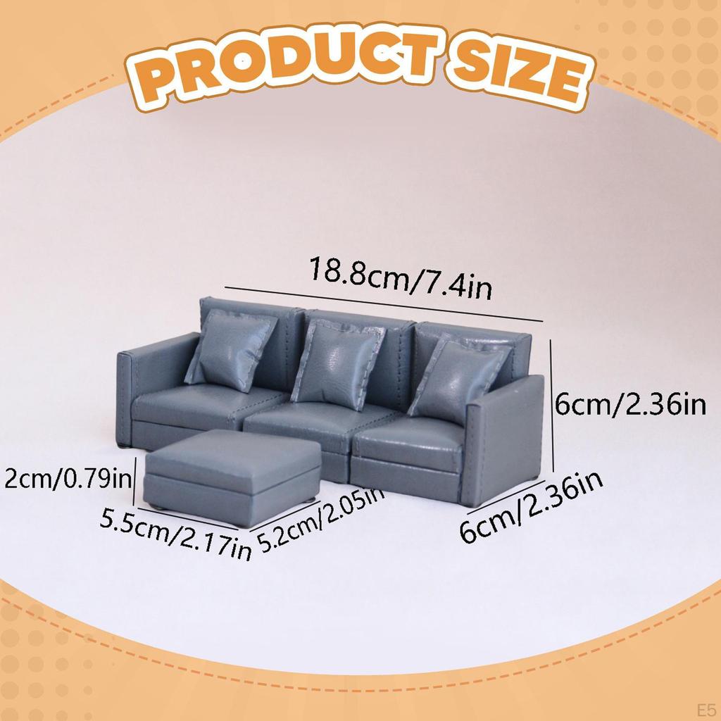 1/12 Scale 3 Seater Sofa Mini Couch Model Realistic Pretend Play Photo Props DIY Accs with Footrest