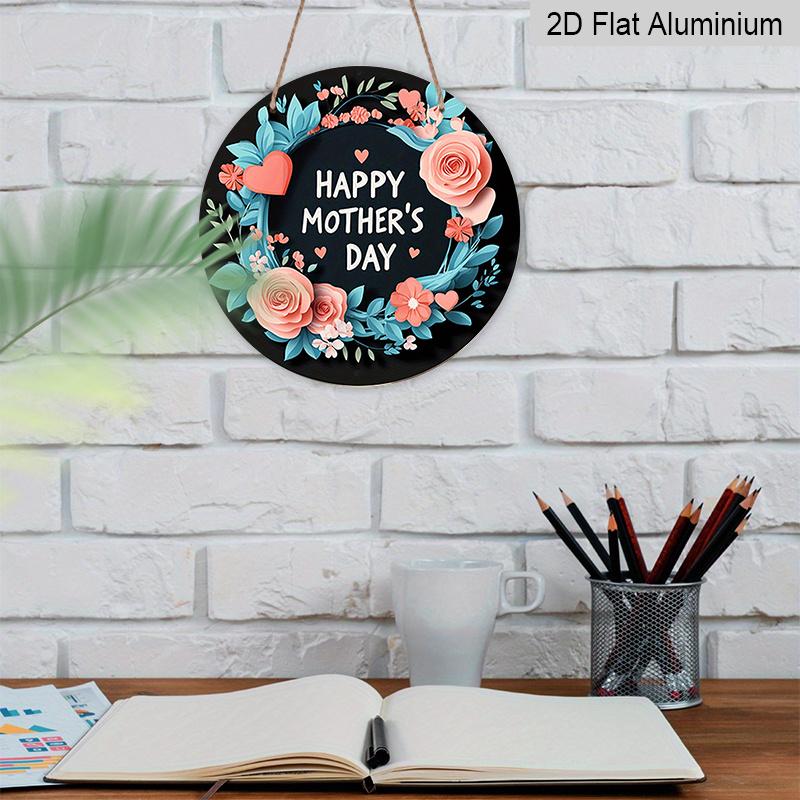 2D Flach, 1 Stück Vintage Muttertag Rundes Aluminium-Wandschild - Rosa Rosen & Türkiser Blumenkranz mit Text 'Alles Liebe zum Muttertag', Herz-Ausschnitte