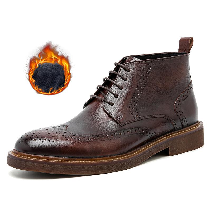 Fashion Men's Autumn Winter Plus Velvet Warm Carved Brogue Leather Shoes Street Cowhide Lace-Up Boots Male British Retro Tooling Boots