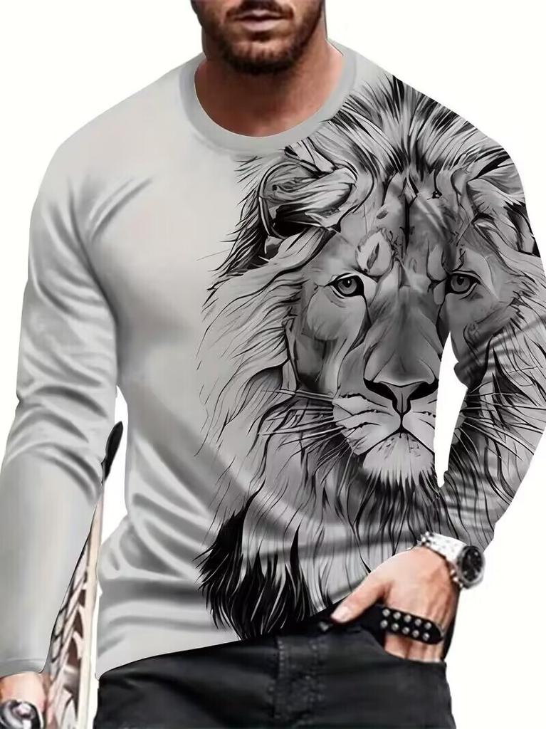 T-Shirt Men's Lion Head White Black Long Sleeve Graphic Fashion Quick Drying T-Shirt