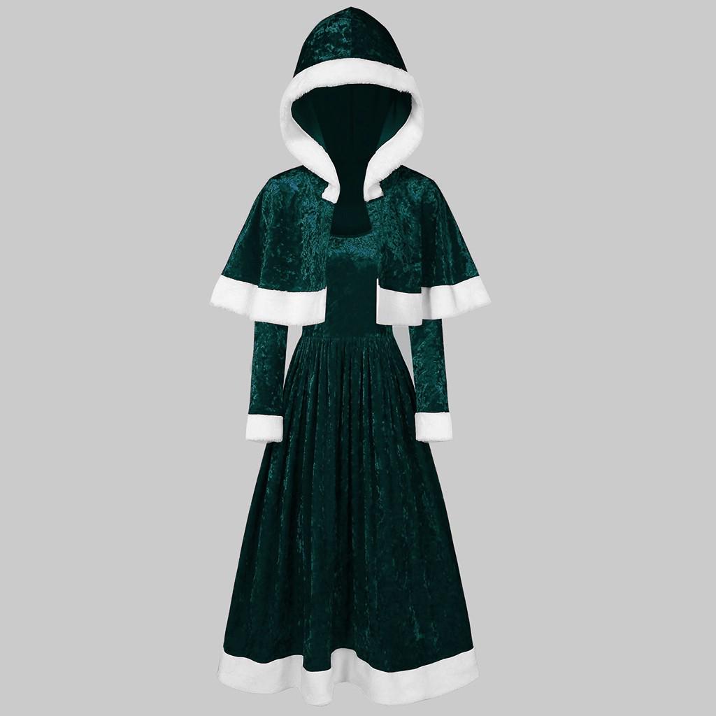Womens Merry Christmas Velvet Long Sleeve  Festival Dress And Hooded Cape