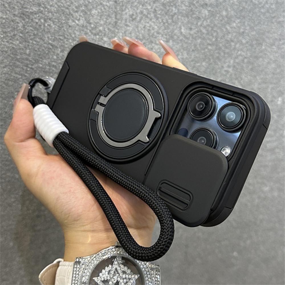 Armor Ring Stand Holder Slide Window Magnetic with Wrist Strap Phone Case for iPhone 16 15 Pro Max 13 12 11 14 Plus Bumper Cover