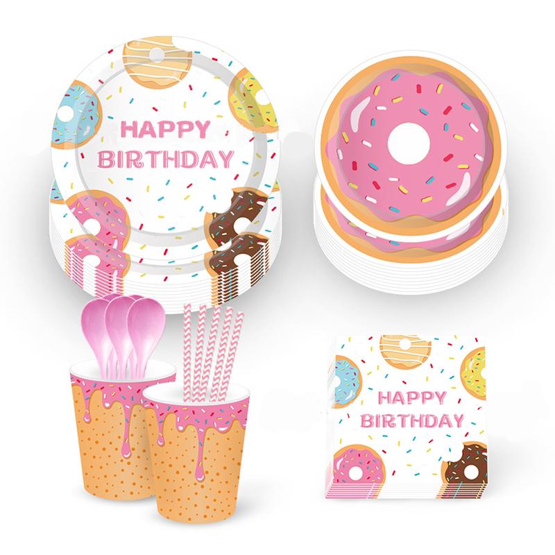 Donut Einweggeschirr Hochzeitsfeier Kindergeschenke Geburtstagsfeier Dekoration Pappteller Becher Luftballons Babyparty Zubehör