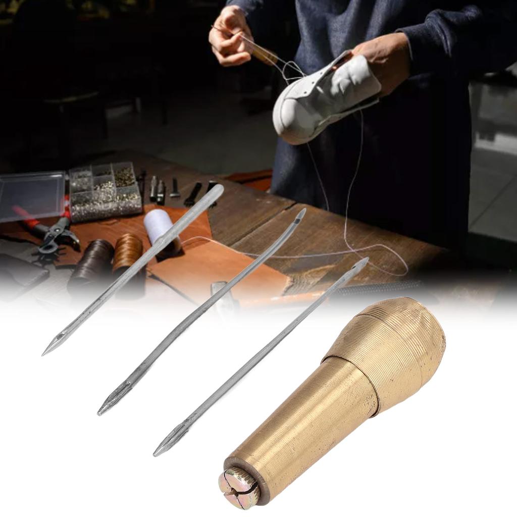 Hand Stitch Awl Leather Sewing Awl Hand Stitch Needle Tool Kit Set with Brass Handle for Handmade Shoe Repair Leather Sewing Awl