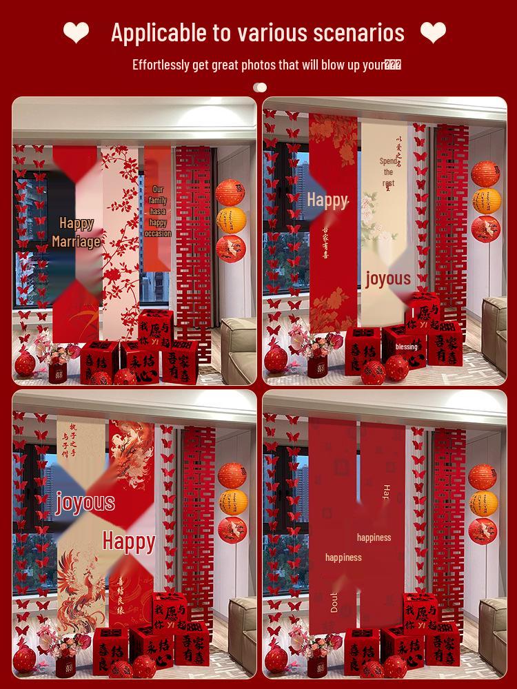 Double Happiness Wedding Room Cloth Banner Set for Ceremony and Hotel Décor