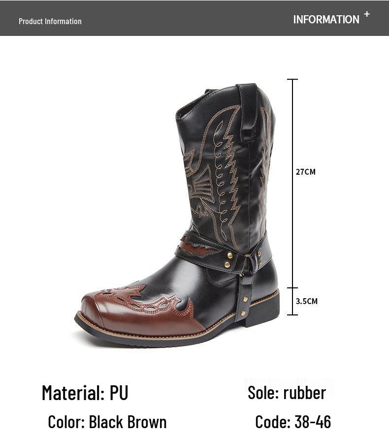 Men's Embroidered Leather Western Cowboy Boots - Retro European High-top Knight Style
