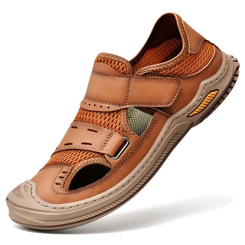 New Men's Baotou Beach Shoes Trendy Men's Sandals Outdoor First Layer Cowhide Mesh Breathable, Anti-collision, Non-slip and Cool