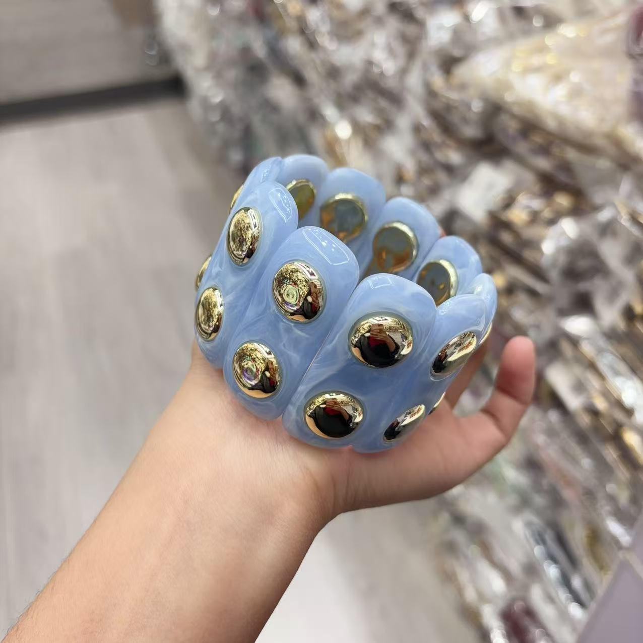 Retro High-End Double Layer Resin Bracelet with Elastic Rope & Rivets синий