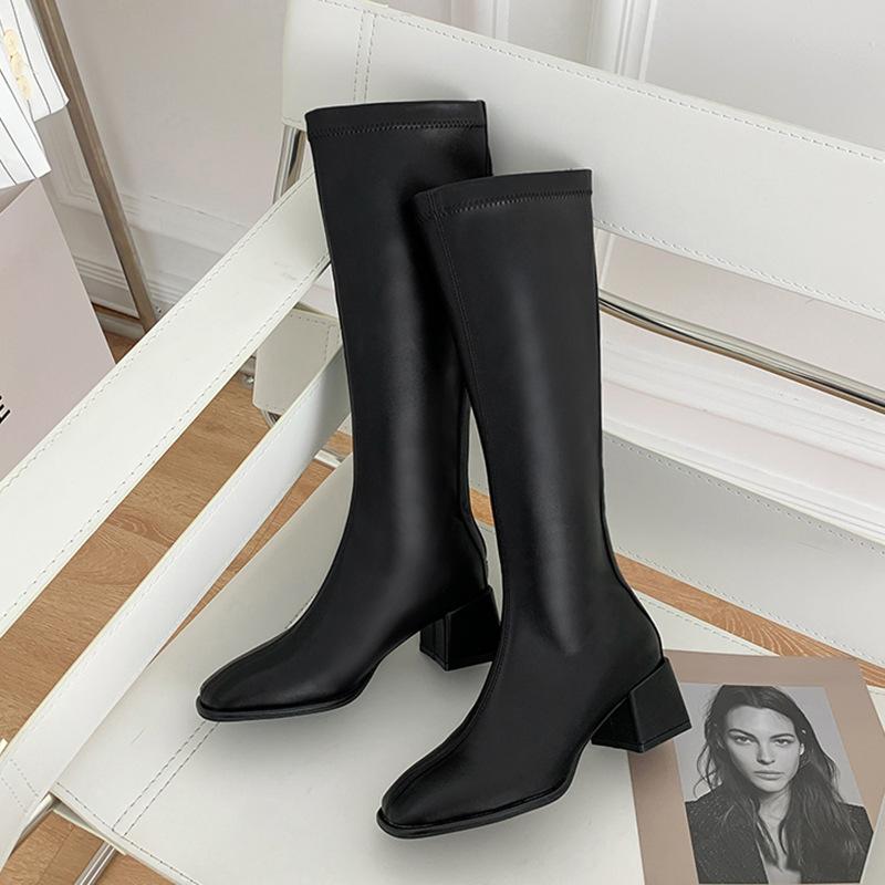 2024 autumn and winter square head thick heel knight boots women's tall rear zipper long boots Korean version ins wind long boots children